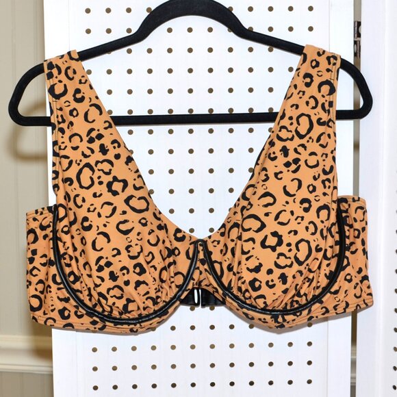 Plus Size 24 E/F Swimsuits For All GabiFresh Leopard Plunge Underwire Bikini Top - Picture 1 of 11